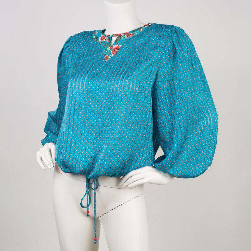 Diane Freis 1980s Vintage Coral & Blue Polka-Dot Georgette Balloon Sleeve Blouse